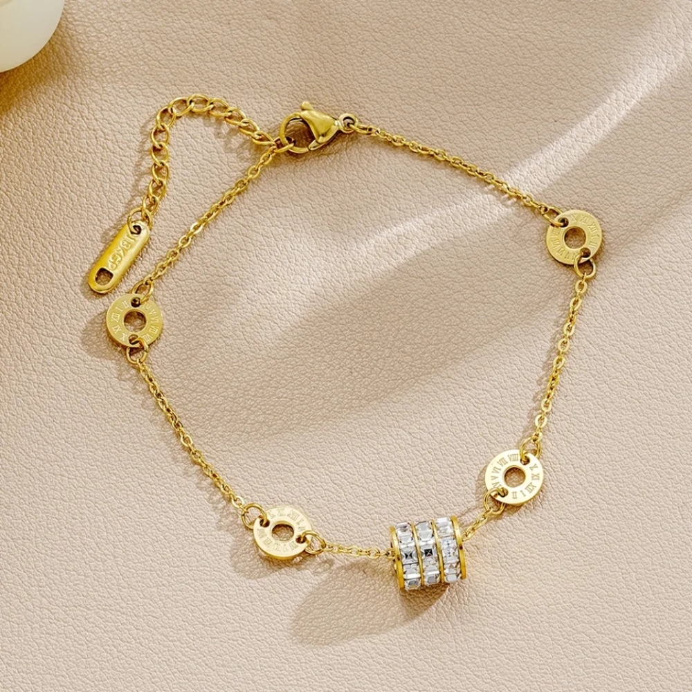 18k Gold Plated Stainless Steel Simulated Diamond Barrel, Roman Numeral Bracelet